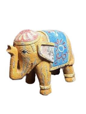 Vintage Hand Painted Distressed Wooden Elephant Figurine Indian Folk Art